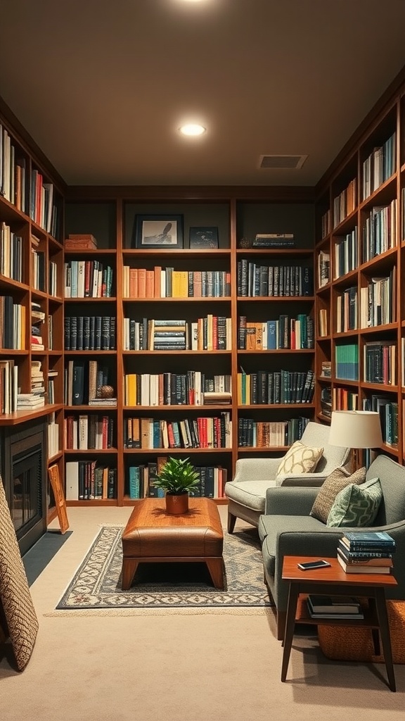 Cozy home library nook with wooden bookshelves filled with books, comfortable couches, and a small coffee table.