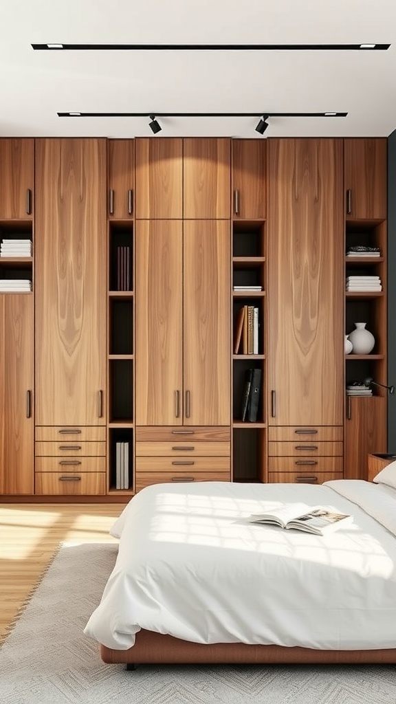 A spacious bedroom featuring innovative wooden cabinetry that provides both closed and open storage solutions.