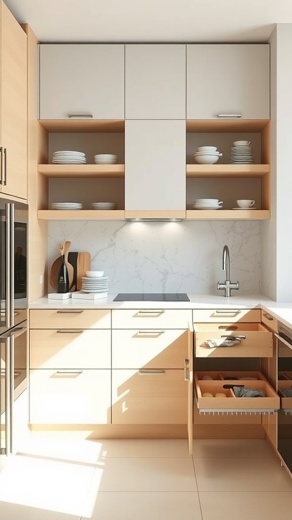 Modern kitchen with smart storage solutions, featuring upper cabinets, open shelves, and a pull-out drawer.