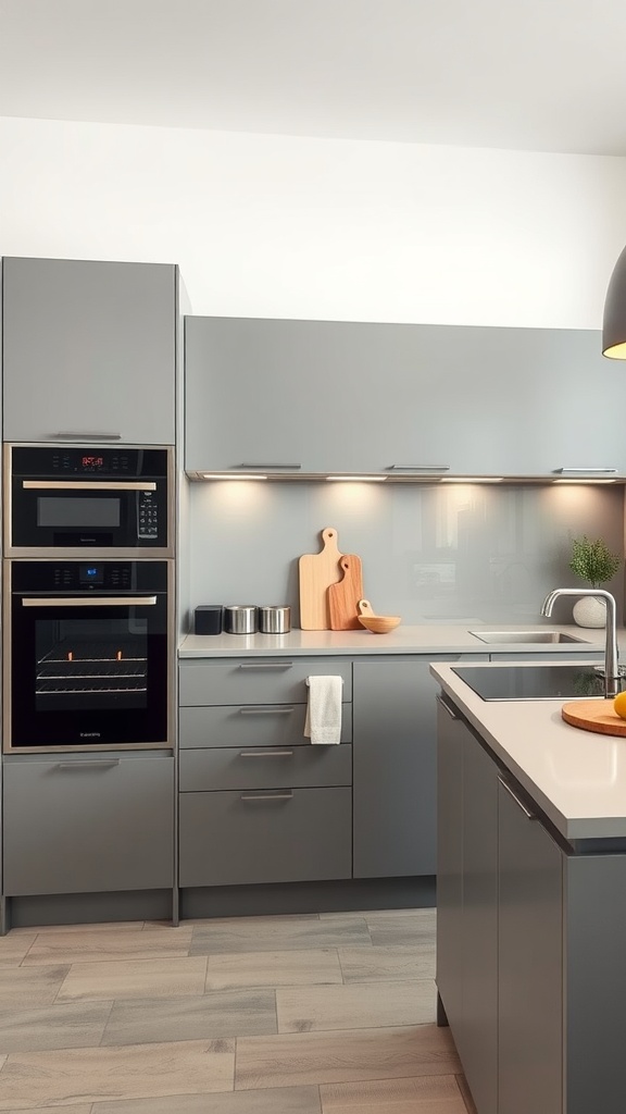 A modern kitchen with integrated appliances, featuring a built-in oven and microwave in sleek grey cabinetry.