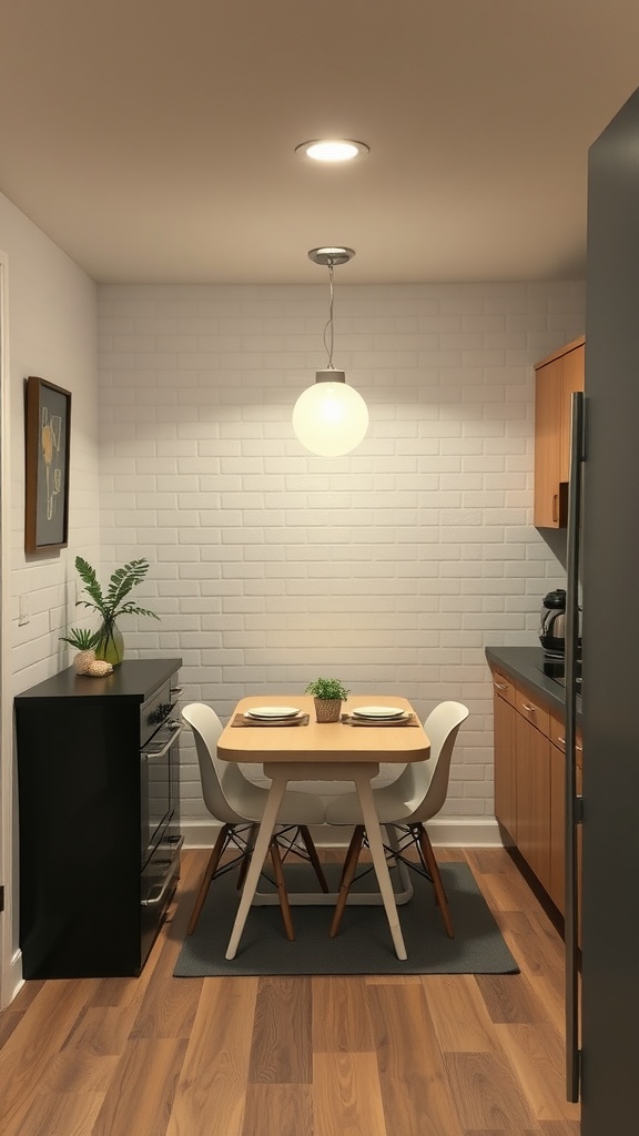 Cozy integrated dining space in a basement kitchenette with a wooden table and white chairs.