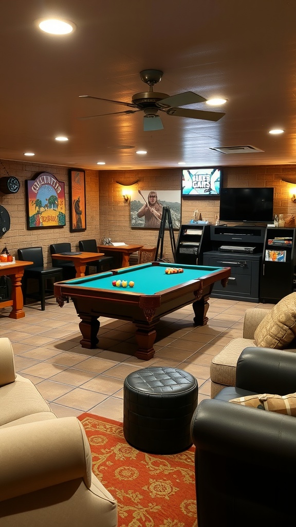 A cozy game room with a billiards table, comfortable seating, and wall decor.