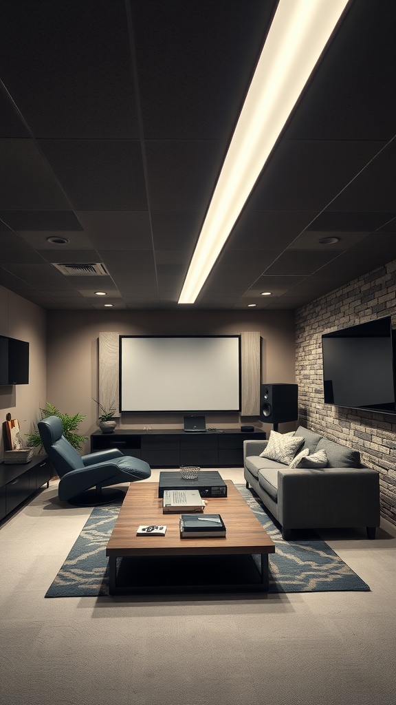 Cozy basement living room with modern technology features