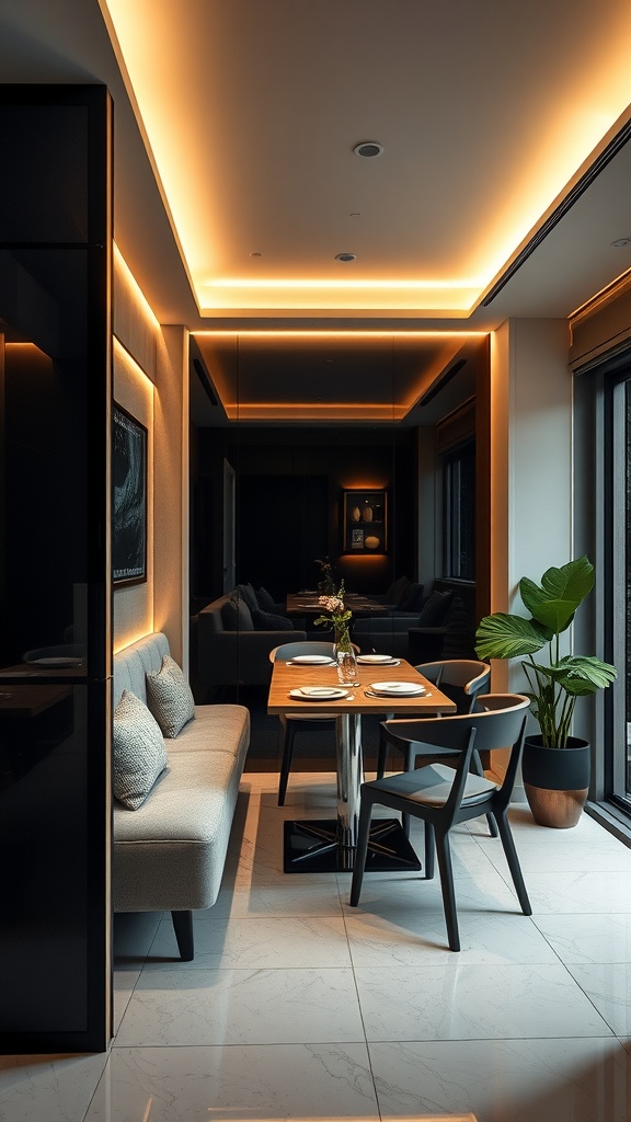 A modern small dining room with cozy seating, stylish table, and warm ambient lighting.