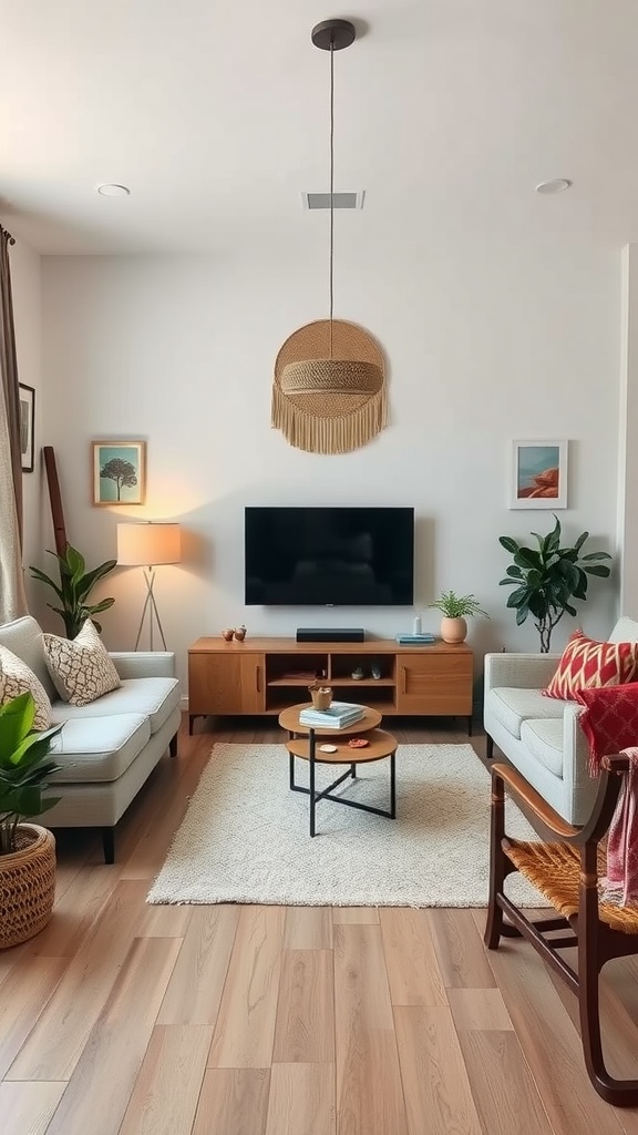 Modern boho living room featuring a TV, plants, and cozy furniture.