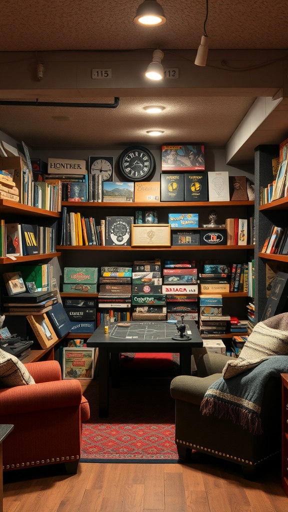 Cozy board game zone with shelves of games and comfortable seating