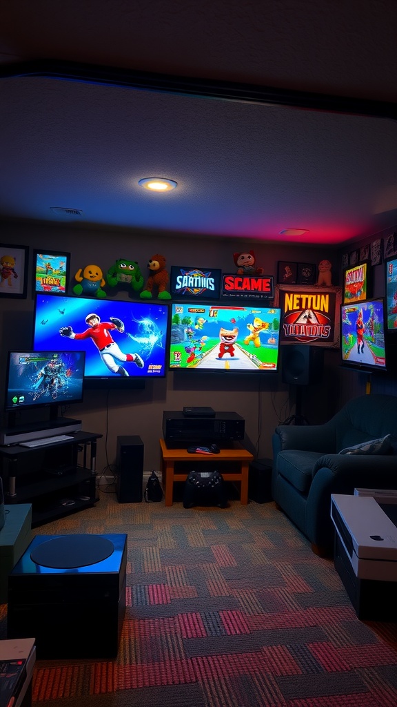 A basement man cave with multiple gaming screens and a cozy seating area.