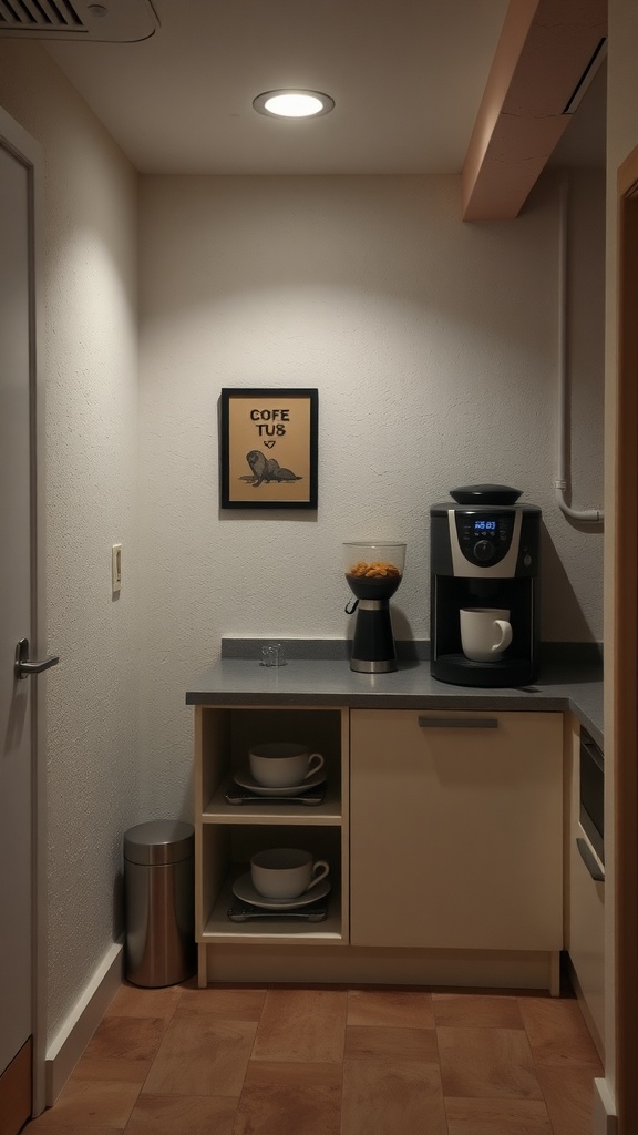 A cozy basement kitchenette corner with a coffee maker, cups, and a decorative piece.