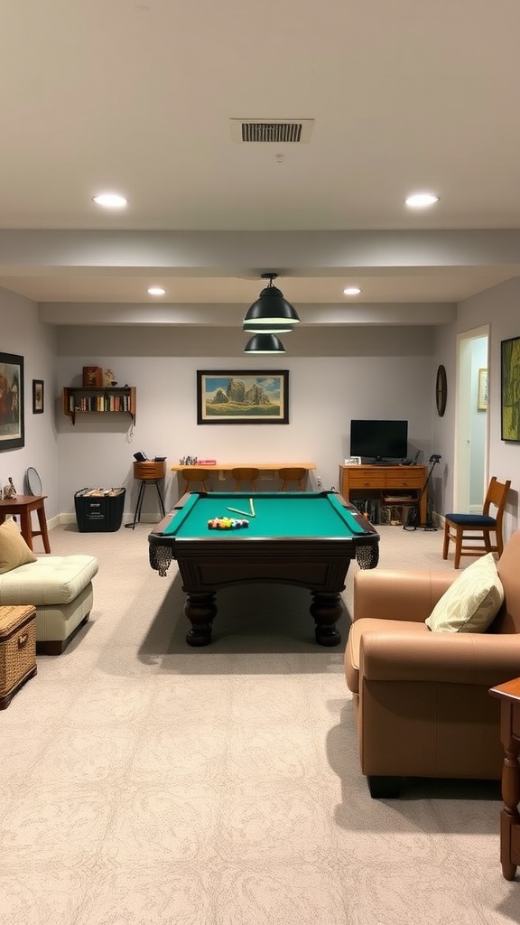 Cozy basement game room with a pool table, seating area, and warm lighting.