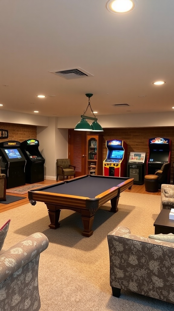 A cozy family game room with a billiards table, arcade machines, and comfortable seating.