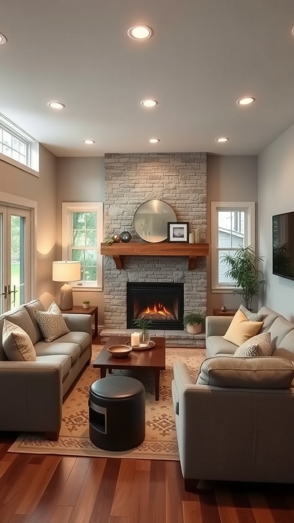 Cozy family room with fireplace, featuring comfortable sofas, a wooden coffee table, and bright natural lighting.
