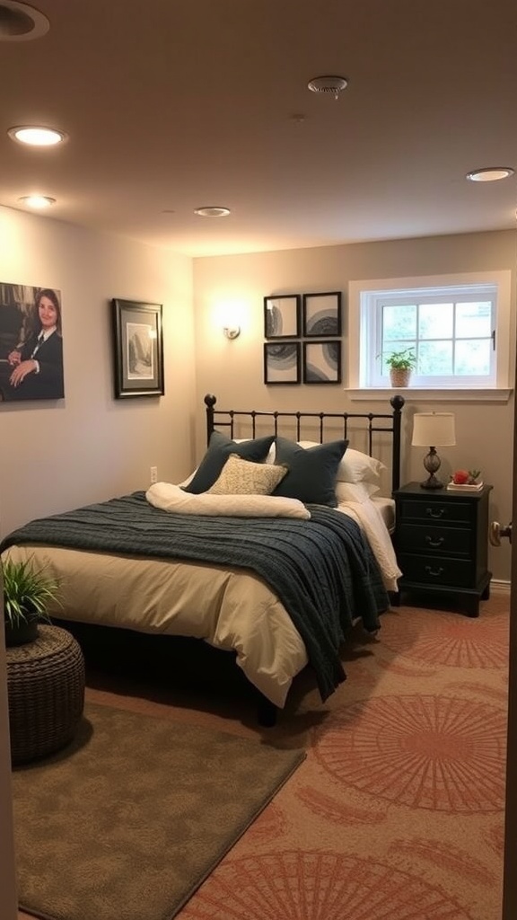 Cozy basement guest suite with a bed, soft linens, and warm lighting.