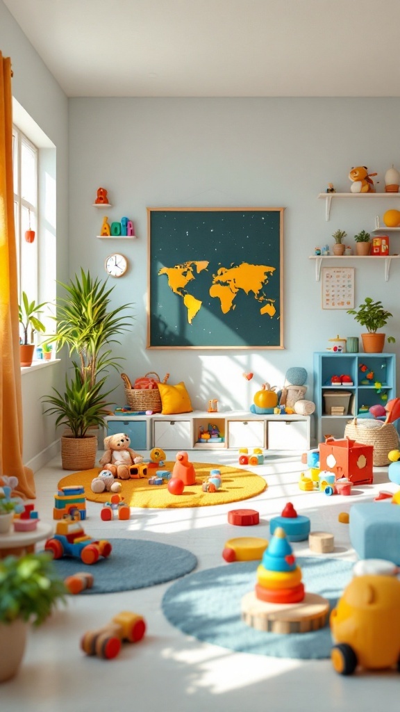 A vibrant and inviting playroom for kids, featuring colorful toys, a world map, and bright decor.