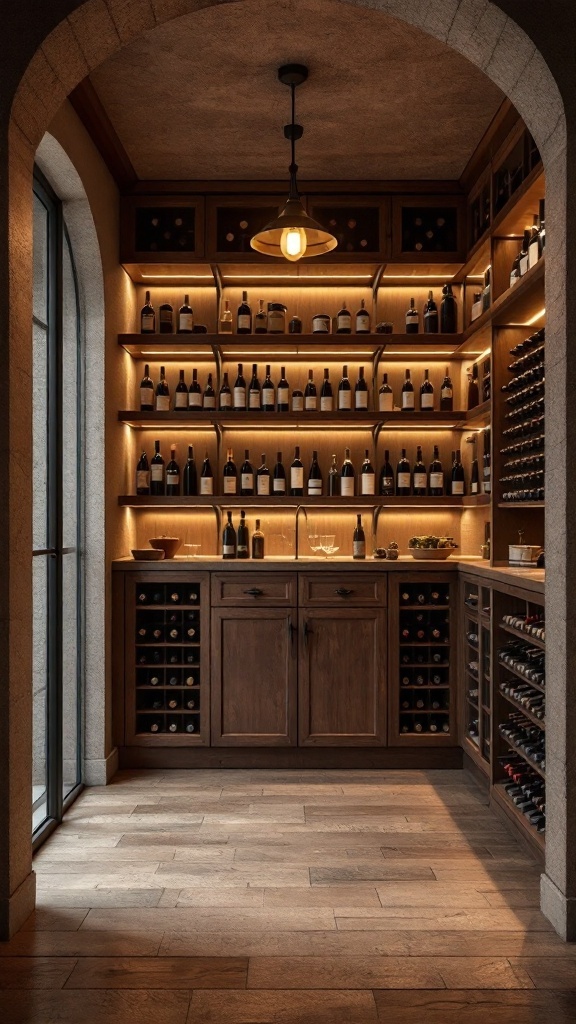 A cozy wine cellar featuring wooden shelving and warm lighting, stocked with wine bottles.