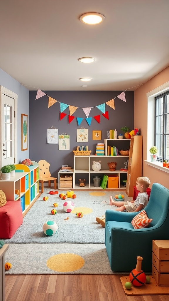 A colorful kids' playroom with bright furniture, cheerful décor, and a child playing on the floor.