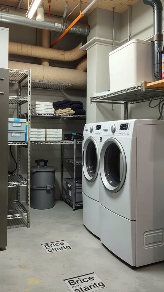 A modern laundry room featuring industrial design elements, including exposed pipes, shelving units, and front-loading washing machines.