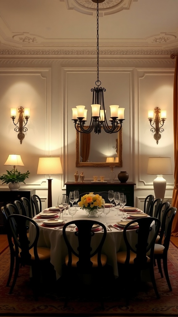 A beautifully lit formal dining room featuring a chandelier, wall sconces, and a floor lamp, creating a warm and inviting atmosphere.