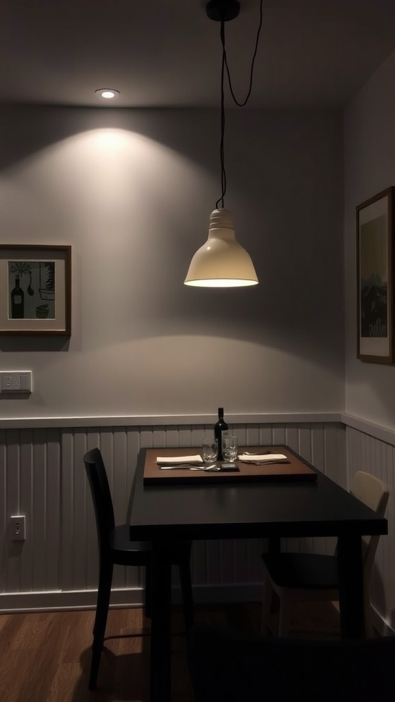 A small dining room with layered lighting featuring a pendant light and recessed lights, creating a cozy atmosphere.