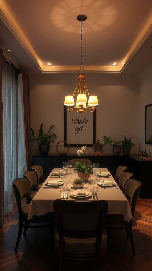 A modern dining room with layered lighting featuring a chandelier, recessed lights, and a beautifully set table.