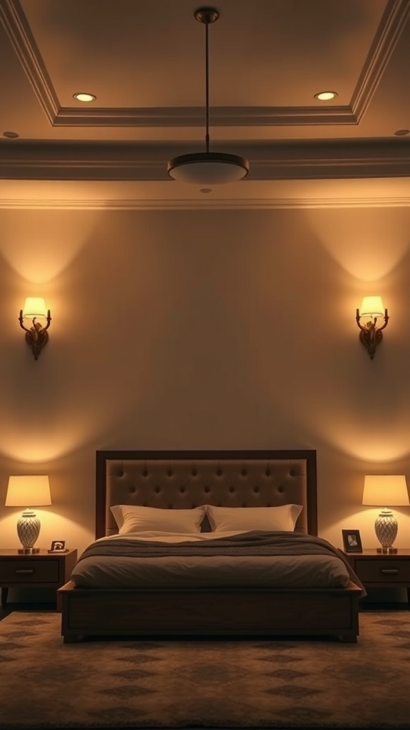 A well-lit bedroom featuring layered lighting techniques with a central ceiling light, wall sconces, and bedside lamps.