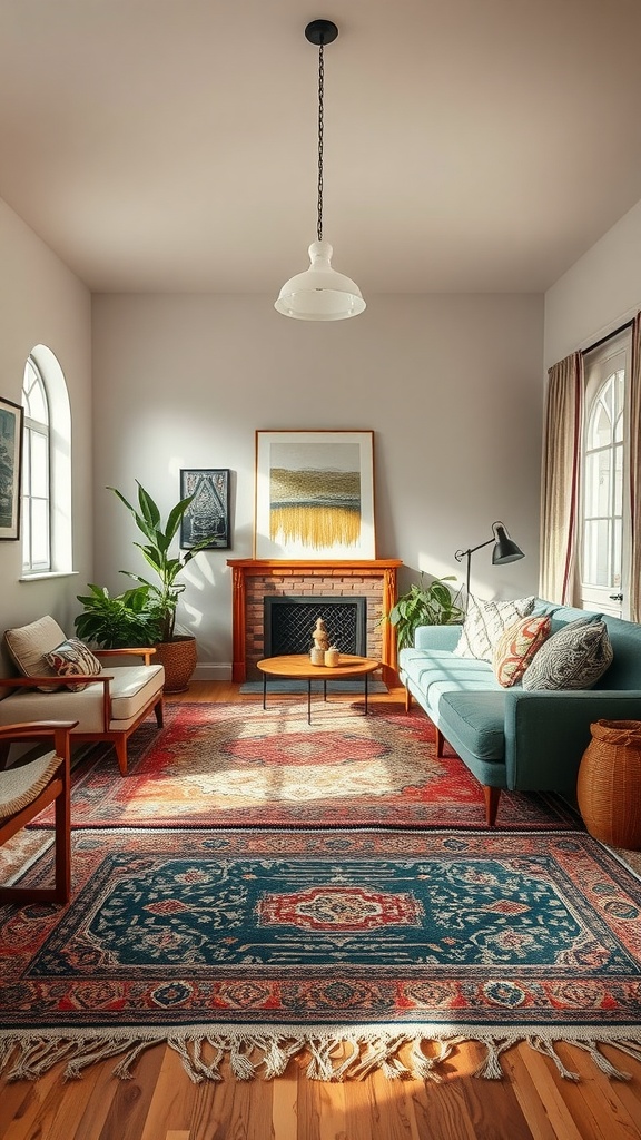 A cozy boho living room featuring layered rugs, comfortable seating, and plants.