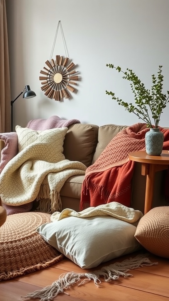 A cozy living room featuring layered textiles with throws and cushions in soft colors, a warm sofa, and natural decor elements.