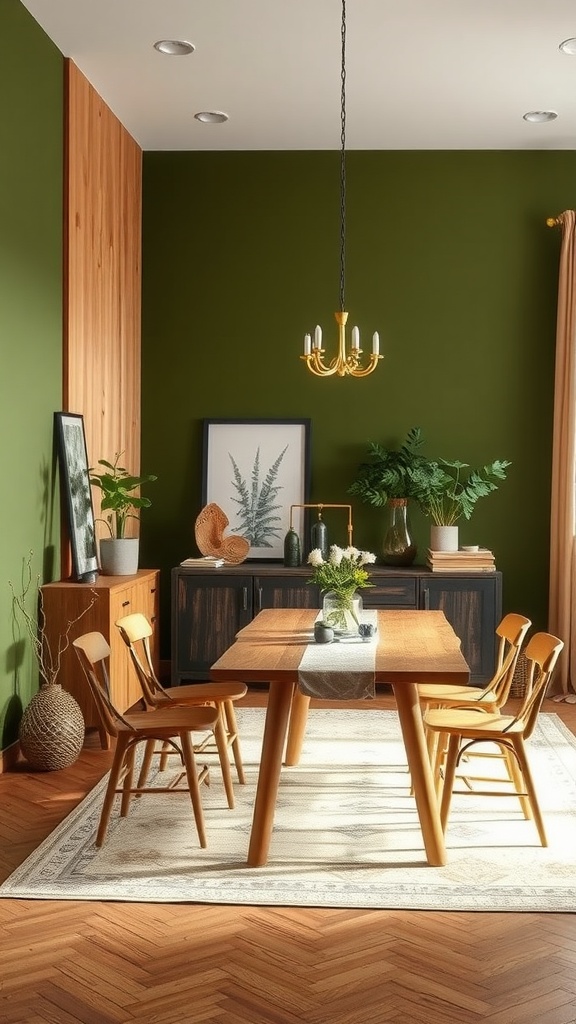 Dining room featuring lush olive green walls, wooden furniture, and decorative plants.