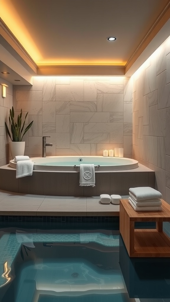 A modern basement spa retreat featuring a sleek bathtub, soothing lighting, and a serene atmosphere.