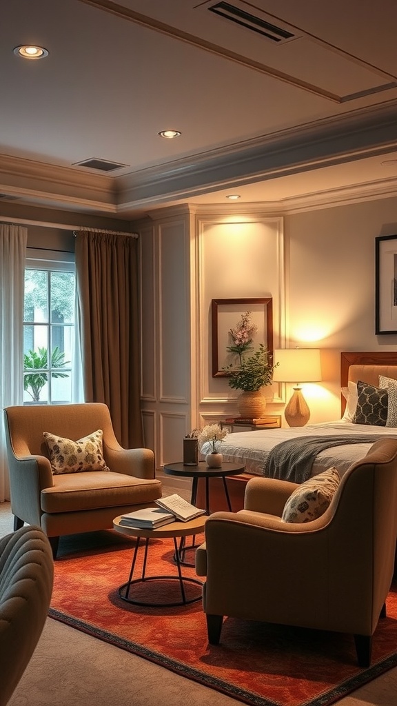 A luxurious bedroom seating area featuring two comfortable chairs, a side table with books, and warm lighting.