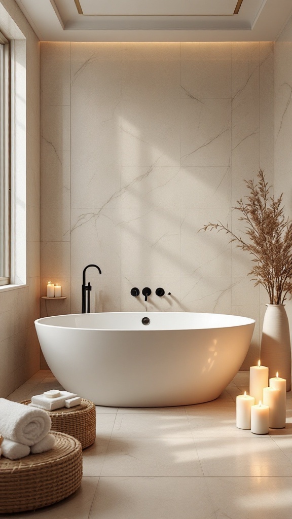 A luxurious spa-inspired bathroom with a freestanding tub, candles, and soft lighting.