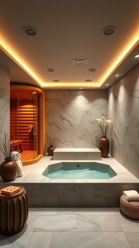 A luxurious spa retreat featuring a hot tub, sauna, and elegant stone walls with soft lighting.