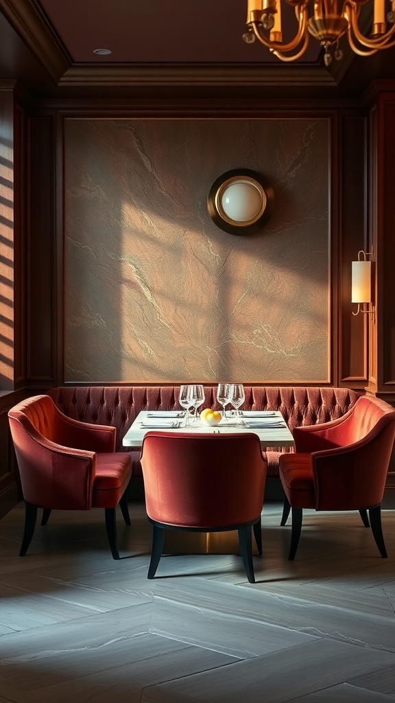 Elegant dining room with plush seating and textured walls