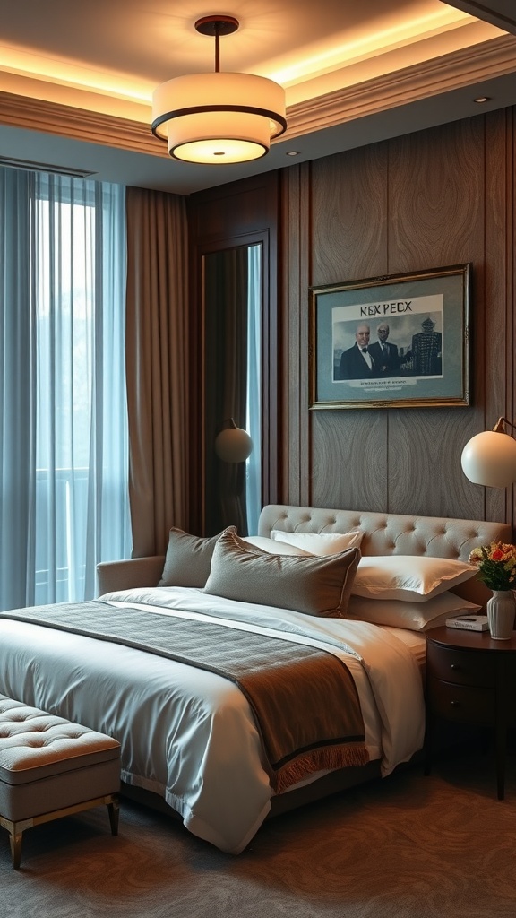 A luxury bedroom featuring a plush bed, soft lighting, and elegant decor