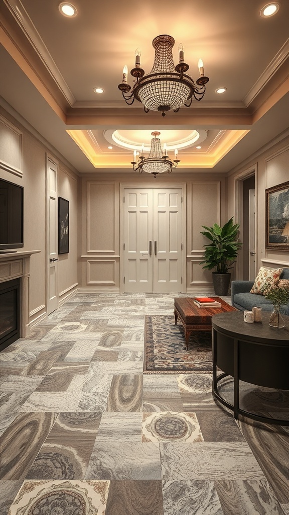 Stylish basement flooring featuring luxury vinyl tiles that mimic natural stone.
