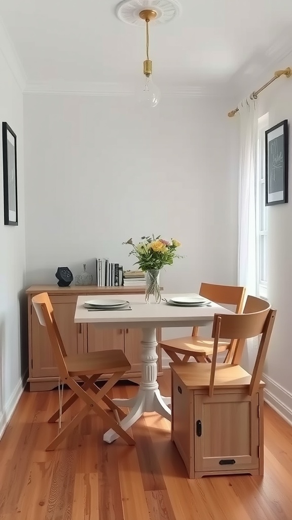 A small dining room featuring a round table, wooden chairs, and a storage bench, emphasizing multi-functional furniture.