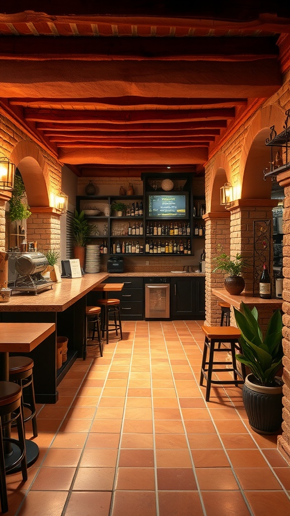 Mediterranean style basement bar with terracotta tiles and exposed brick, featuring wooden stools and ambient lighting.