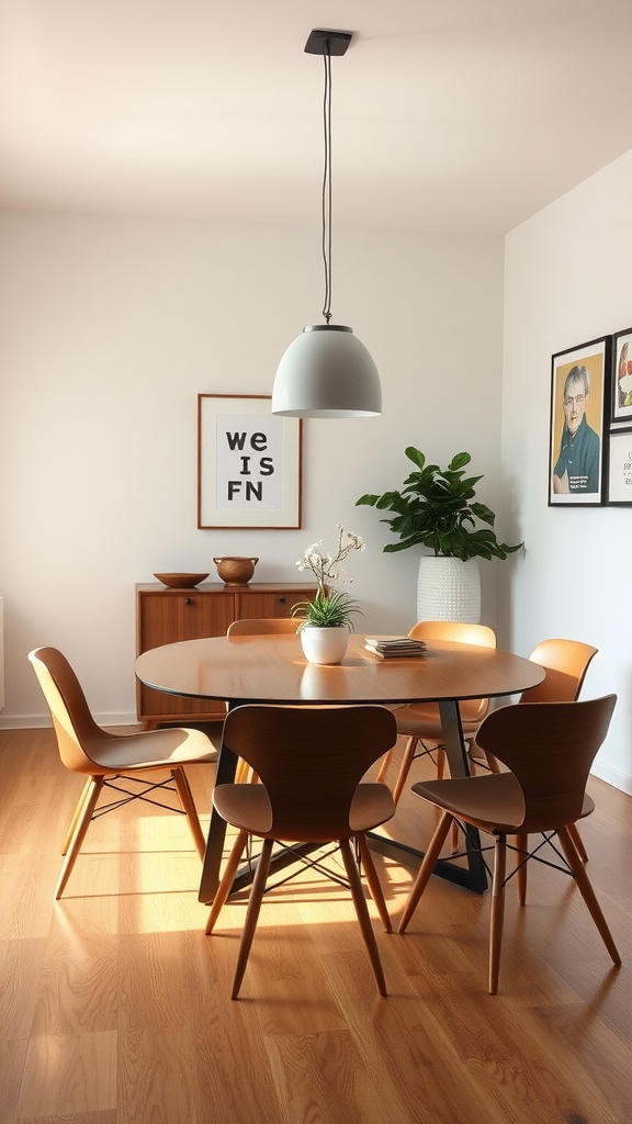 A cozy mid-century modern dining room with a round wooden table and stylish chairs.