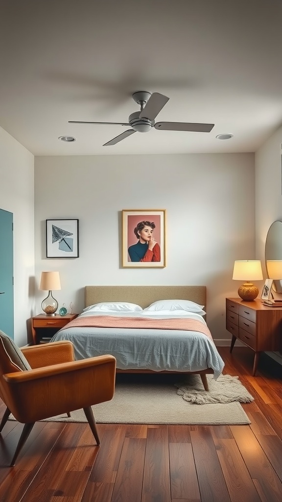 Cozy mid-century modern bedroom with a bed, armchair, and warm lighting.