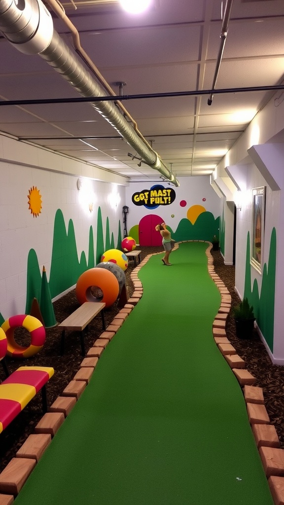 A colorful mini-golf course in a basement, featuring playful obstacles and vibrant pathways.