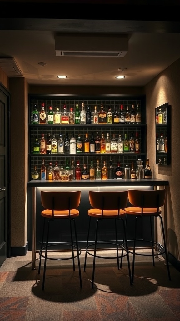 A stylish mini bar with bottles on shelves and three stools in a cozy basement setting