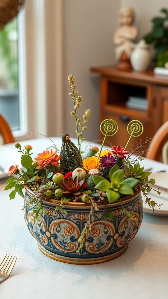 A colorful miniature garden centerpiece featuring flowers, succulents, and decorative elements in an ornate pot.