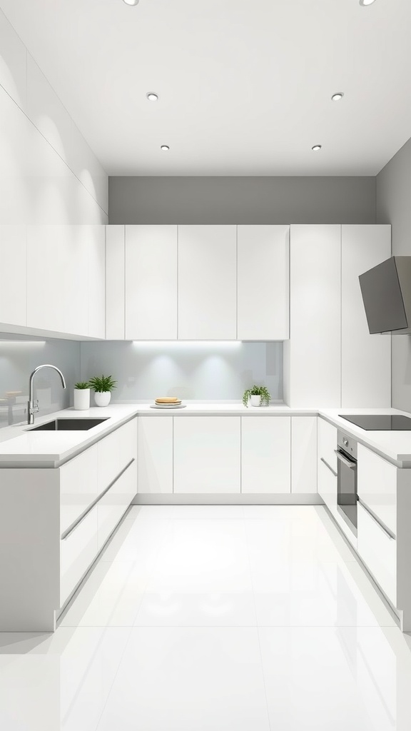 A minimalist kitchen featuring white cabinets, sleek surfaces, and a modern aesthetic.