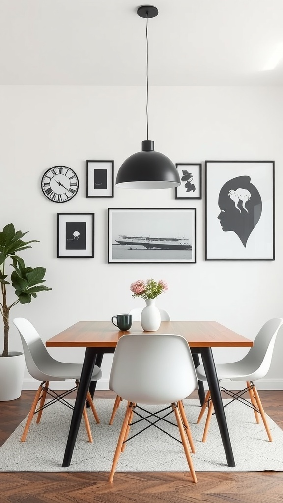 A minimalist dining room featuring black and white decor, with a wooden table, white chairs, and framed artwork on the wall.