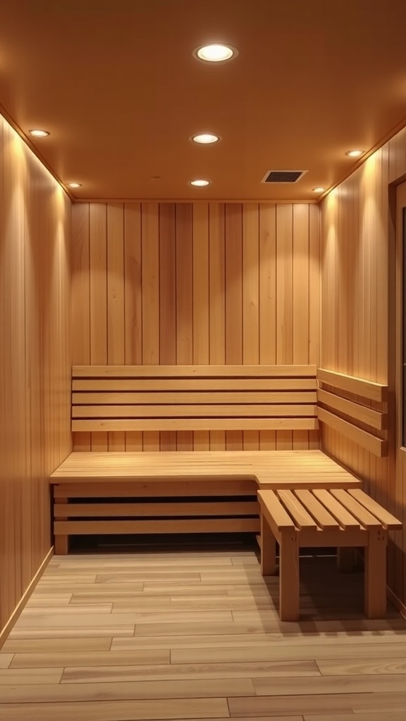 A minimalist modern sauna featuring wooden benches and warm lighting.