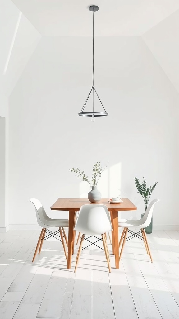 A minimalist Scandinavian dining room featuring a pendant light, wooden table, and white chairs.