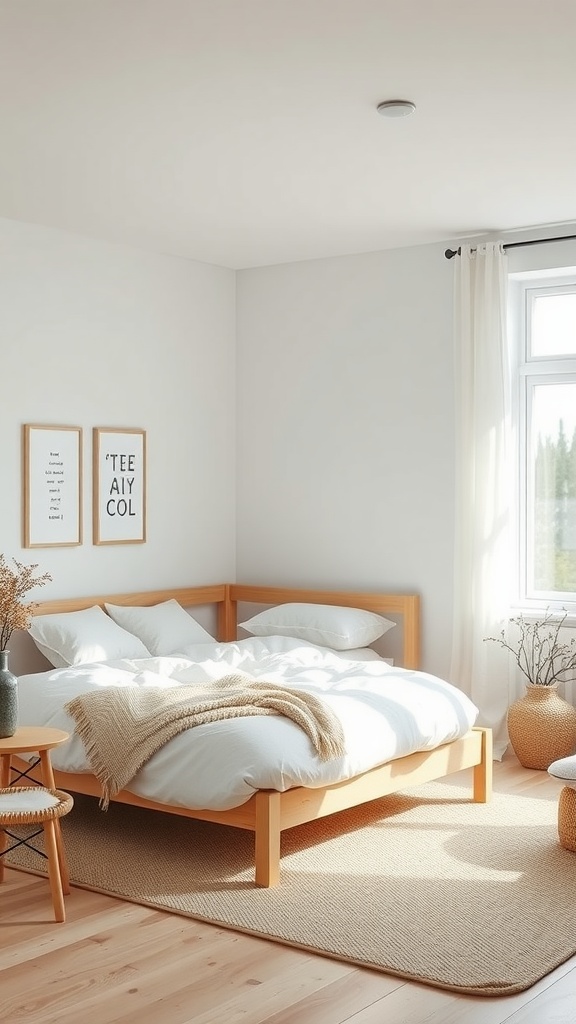 A minimalist Scandinavian bedroom featuring a wooden bed, white bedding, and natural light.