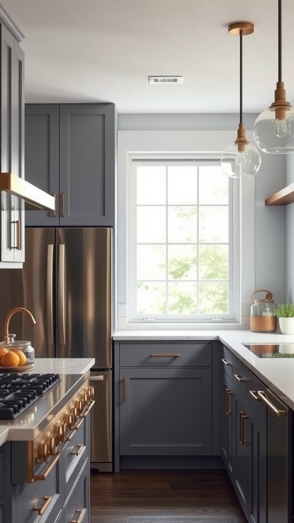 A stylish kitchen featuring mixed metal accents with dark cabinetry and gold hardware.