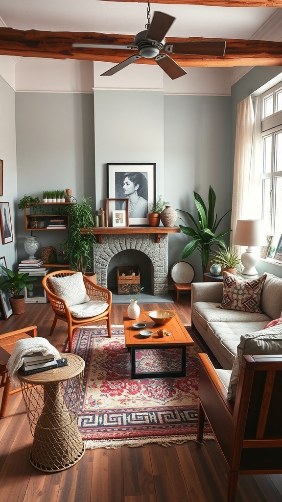 A modern boho living room featuring vintage elements, wooden beams, a cozy sofa, and a colorful rug.