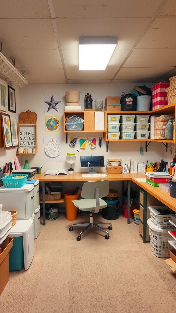 A bright and organized craft studio with a desk, chair, and shelves filled with art supplies.