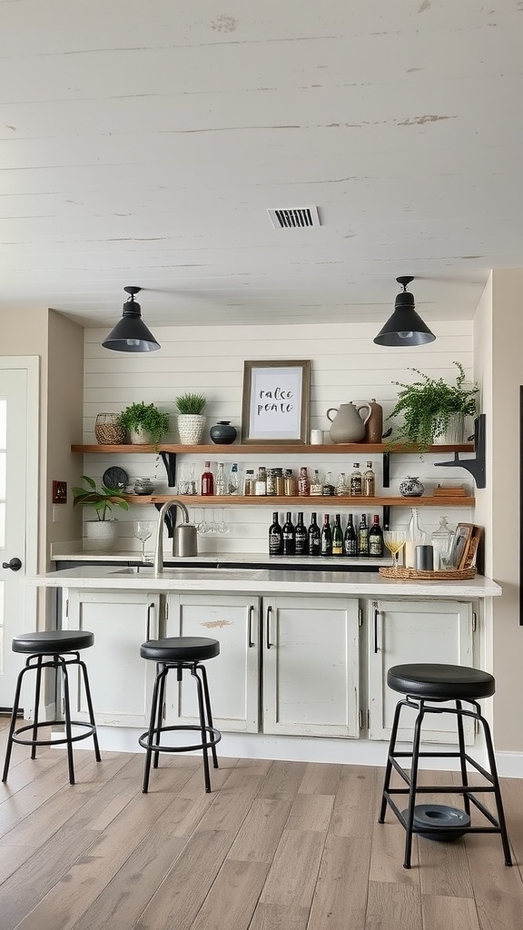 Modern farmhouse bar featuring distressed finishes, open shelving, and black stools.